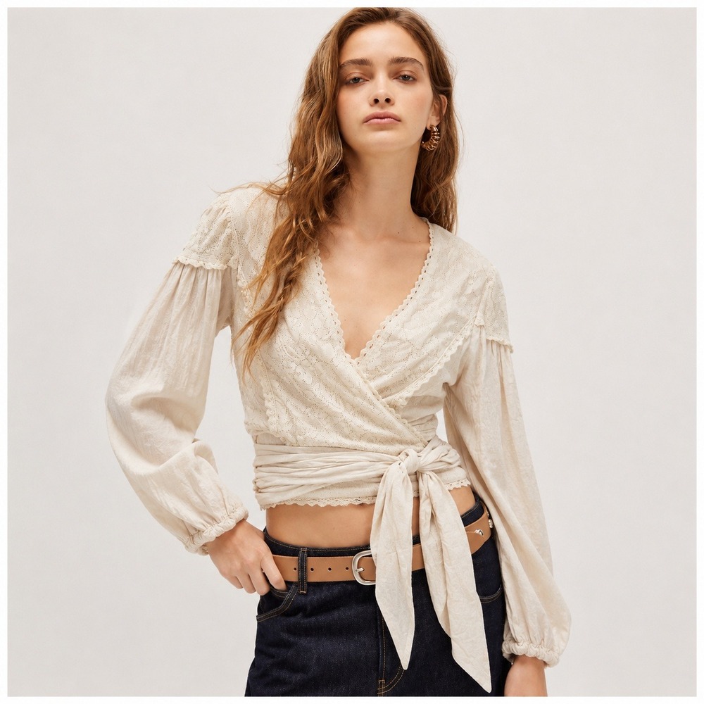 Vestique Boho Lace Wrap Top Blouse Womens S Cream Linen Blend Romantic Feminine